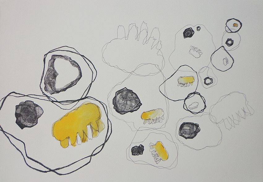 Click the image for a view of: Out there: space junk, tardigrades and asteroid mining 1. 2012. Pen and ink, watercolour. 410X598mm